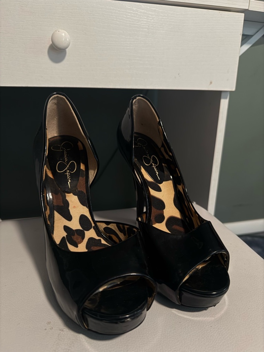 Jessica Simpson Black Patent Peep-Toe Wedge Pumps with Leopard Insole